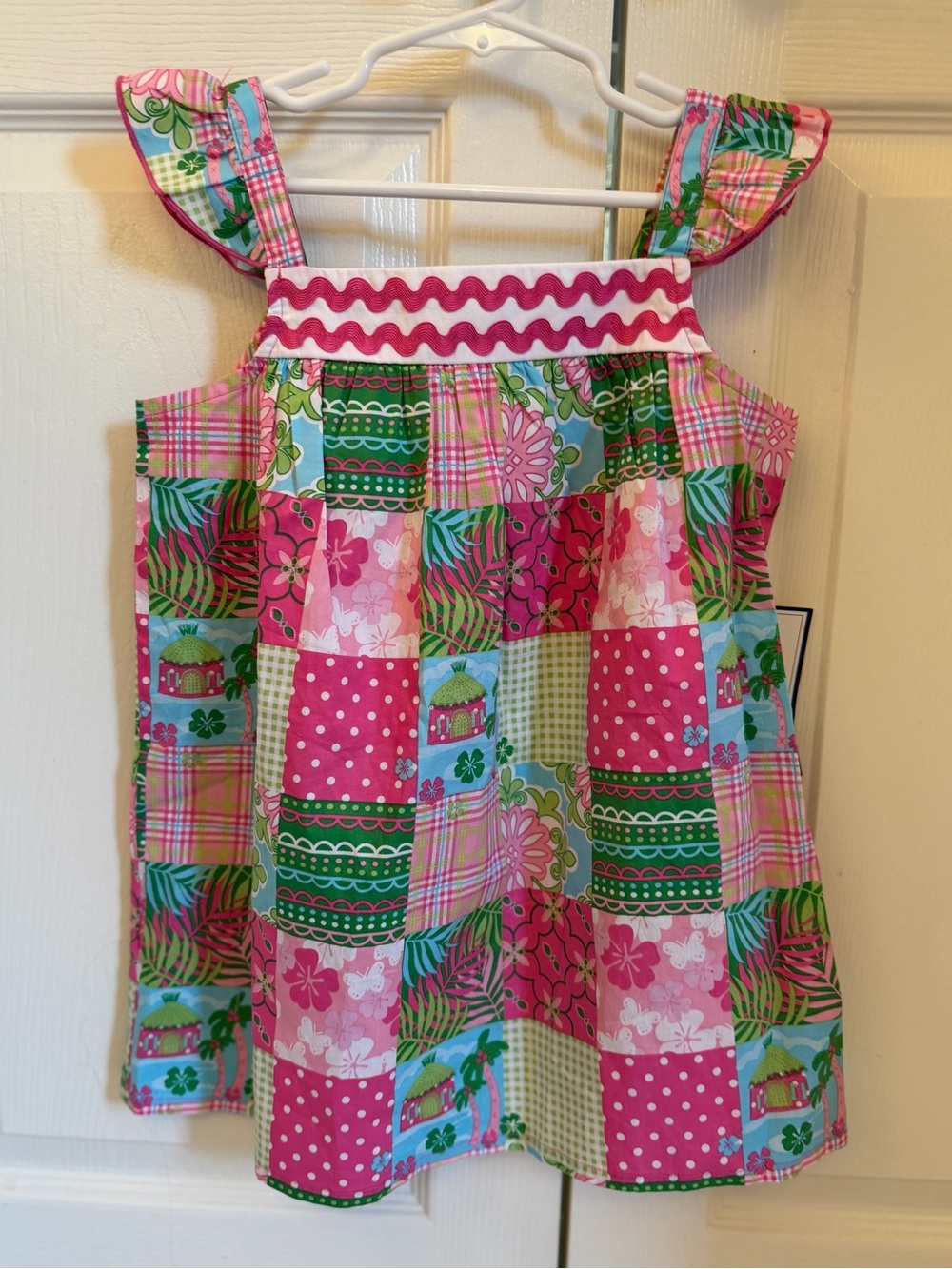 NWT Hartstrings girls Pink and Green Patchwork top ric rac 7